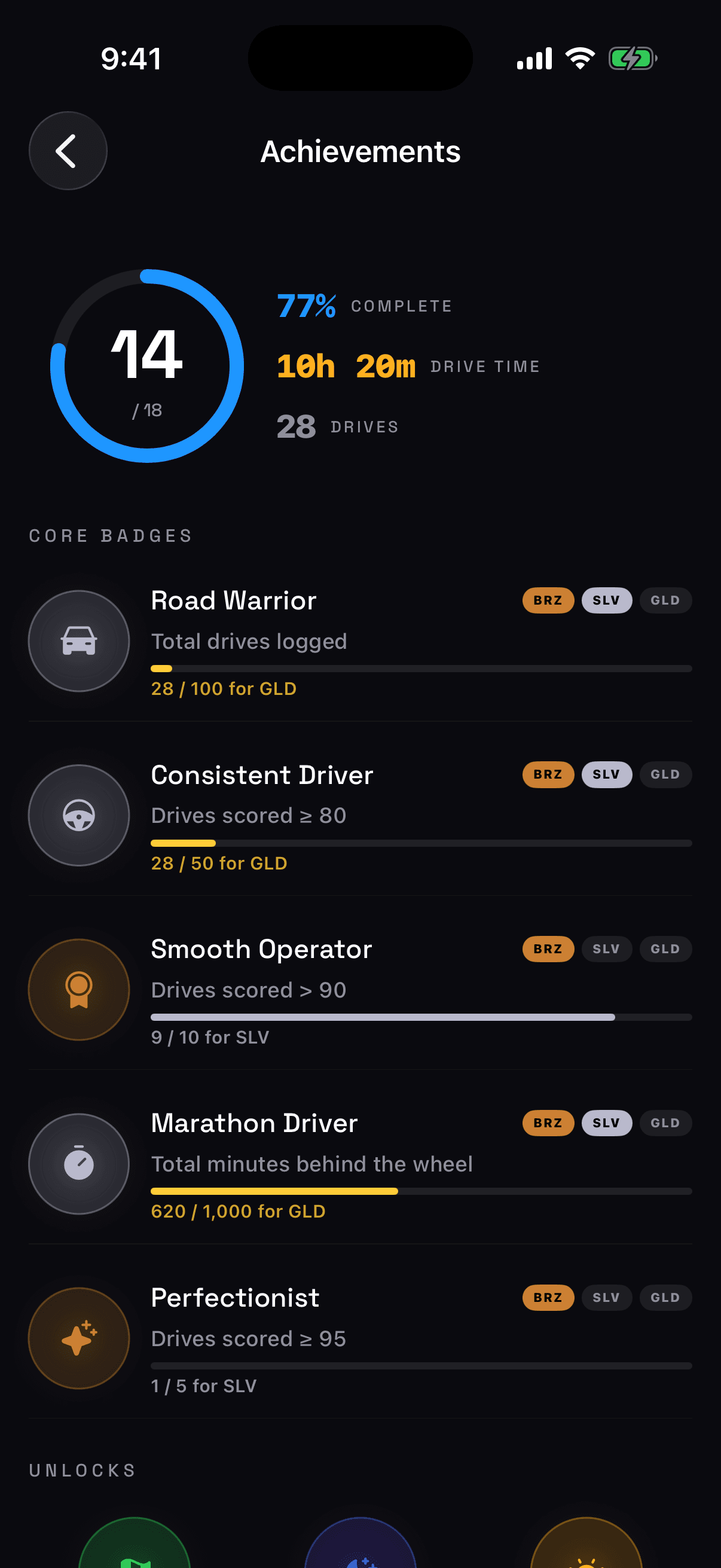 Drive app — Achievements screen
